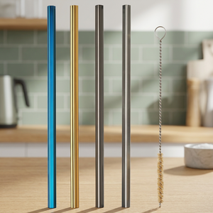 Reusable <b>Metal</b> Drinking <b>Straws</b> Set of 4 with Cleaning Brush Blue Gold Black Silver Minimalist Bar Accessories - Product Image 2