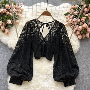 <span class=keywords><strong>Blusa</strong></span> Sexy de Encaje para Mujer, Elegante, Cuello en V, Manga Larga Abullonada, <span class=keywords><strong>Espalda</strong></span> Descubierta, Top Corto, Camisa para Mujer - Product Image 3