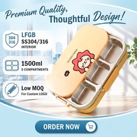Boîte à lunch pour enfants 1500 ml en acier inoxydable 316, bol à soupe à 5 compartiments, couvercle avec support pour téléphone, compartiment pour couverts, compatible micro-ondes, LFGB, faible MOQ, cadeau personnalisable avec logo