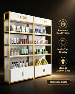 <strong>Modern</strong> Skincare Retail Display <strong>Shelf</strong> Gold &amp; White Metal Wood Showcase for Boutique &amp; Pharmacy - Product Image 6
