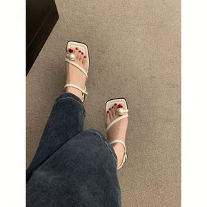 2026 Summer New French Style Pearl Decor <b>Open</b> <b>Toe</b> Sandals <b>Silver</b> square <b>Toe</b> Block <b>Heel</b> Roman Shoes Women - Product Image 1