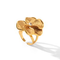 Anillo Pansy para Mujer, Oro, Texturizado, con Flor, Banda Dividida Ajustable, Martillado, Orgánico, Sólido, Brillante, Joyería Fina, Regalo