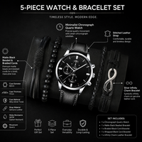 Promotion Luxe Ensemble Montre et Bijoux Homme 5 Pièces, Montre-Bracelet Chronographe à Quartz en Cuir Noir Fait Main, Bracelet Tressé Infini, Cadeau