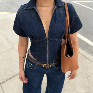 Camiseta de Verano Y2K Sexy para Mujer, Cuello en V, Corte Ajustado, Estilo Denim, Cierre de Cremallera, Manga Corta, Top de Moda para Dama - Product Image 2