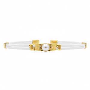 Bracciale a Doppio Nastro Bianco e Acciaio con Placcatura in Oro, Stile Religioso, Motivo Floreale, Pietra Principale in Perla per Feste - Product Image 2