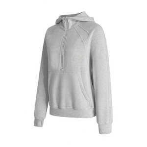 Women <strong>Grey</strong> Quarter Zip Cropped Hoodie Kangaroo Pocket Oversized Casual Streetwear Half Zip Pullover <strong>Sweatshirt</strong> - Product Image 3