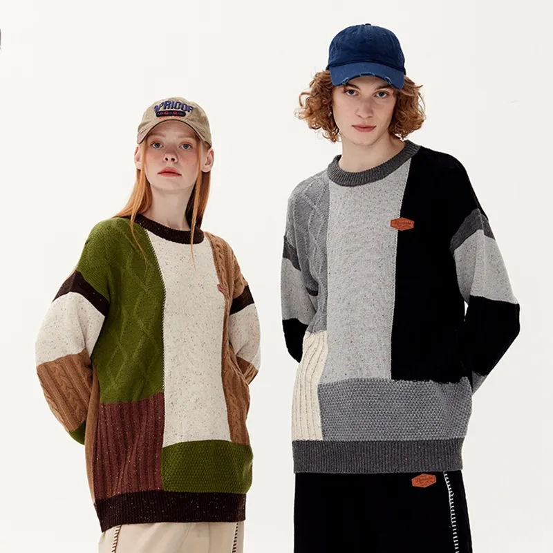 Hot Sales Couple Models Contrast Color Stitching Mixed Knit Pullover Sweater Niche Design Knitwear Men's Autumn