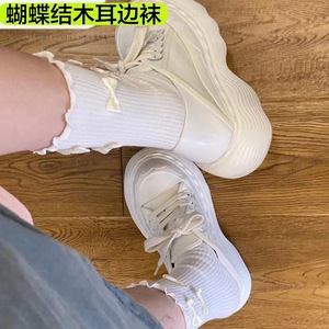 White Cotton Crew <b>Socks</b> With Bow And Ruffle Trim For Women Breathable Sweat Absorbing Mid Calf Style Spring Summer Wear - Product Image 3