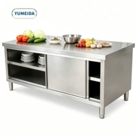 Table de travail moderne en acier inoxydable avec armoire à porte coulissante intégrée, station de rangement de cuisine pour café, bar à jus