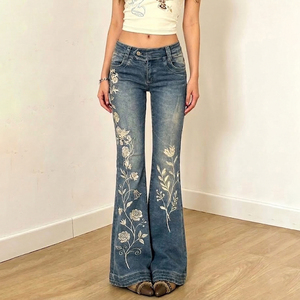 Pantalones Vaqueros Casuales de Mujer, Estilo Y2K Vintage, Bordado Floral, Transpirables, de Talle Bajo, Lavados y Desgastados, Estilo Streetwear - Product Image 5