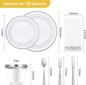 Juego de Vajilla Desechable de Lujo al por Mayor, 350 Piezas, con Borde Plateado, Libre de BPA, Platos y Vasos de Plástico Resistentes, Cubiertos <span class=keywords><strong>para</strong></span> Hoteles y Bodas - Product Image 4