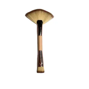 Vliya New Prodect Double-end Gold Sytheric Hair Wooden Handle Blending Brush Foundation Facial Fan Brush