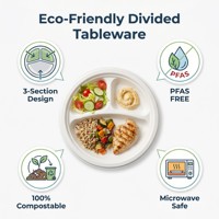 Barquette jetable biodégradable en pulpe non blanchie à 3 compartiments, assiette anti-fuite avec compartiments à sauce pour plats à emporter