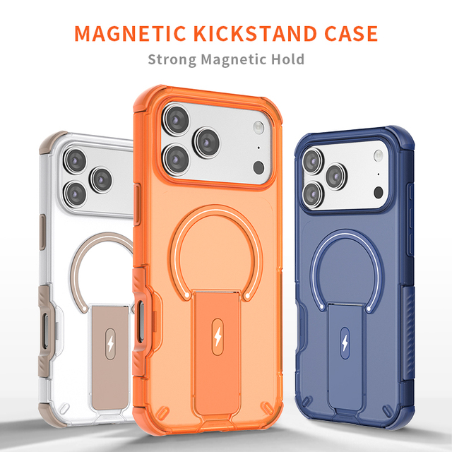 Wireless Charging Magnetic Kickstand Case for iPhone 17 16 Pro Max, Shockproof Transparent Phone Cover OEM