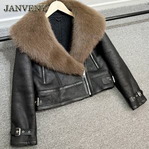 JANVENY 2024 inverno grande cappotto in pelliccia di volpe sintetica con pelliccia di montone da <span class=keywords><strong>donna</strong></span> in pelliccia di agnello con polsino giacca corta in pelle sintetica - Product Image 6