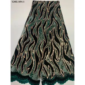 African lace fabrics Green African 3d flower embroidery velvet fabric with stones french lace fabric for wedding dress