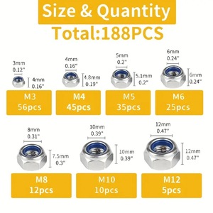 Tuercas de Seguridad de Acero Inoxidable 304, M3 M5 M8 M10 M12, con Inserto de Nylon, Kit de Clasificación de 188 Piezas - Product Image 2