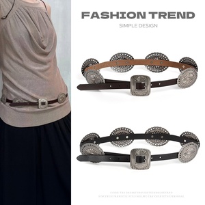 Sabuk Fashion Kulit Sapi Berpola Ukiran Cat, Gesper Tembaga, Tersedia, 105cm - Product Image 1