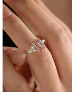 Rose Gold Emerald Cut Fancy <b>Pink</b> Diamond Ring With Diamond Side Stones Romantic Engagement Women's Jewelry - Product Image 3