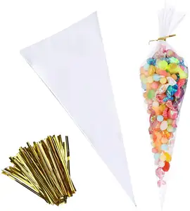 Medium Transparent Cone Popcorn Bags Clear Triangle Cellophane with Twist Ties Recyclable and Gravure Printed for Food Use