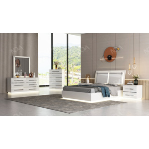 NOVA White High Gloss King Bed con almacenamiento Dormitorio moderno Suite Juegos de muebles Cabecero de luz Led Camas Queen Size - Product Image 1
