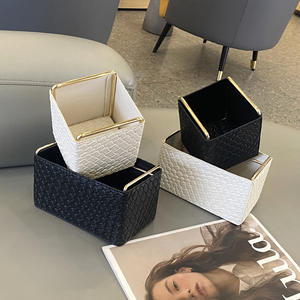 Boîte de rangement en cuir rectangulaire noire tressée, organisateur de bureau pour cosmétiques, support pour désordre de bureau, couleur unie - Product Image 5