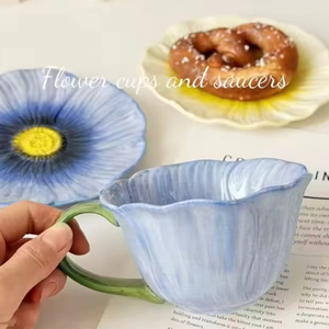 Factory Best Seller 250ml Retro Solid Irregular Petal Ceramic Coffee Mug with Tray and Business Gift for Afternoon Tea - Product Image 1