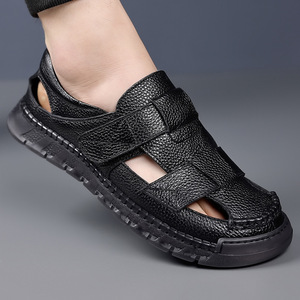 Men's Cross <b>Strap</b> Leather Sandals Black Breathable Casual Summer Footwear with Rubber Sole - Product Image 1