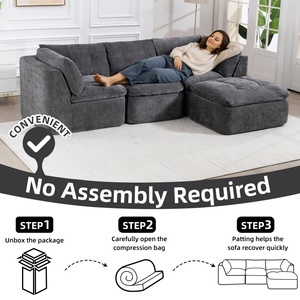 Sofá Modular en Forma de L de Chenilla <span class=keywords><strong>Blanca</strong></span> Retro para Sala de Estar, Sofá Seccional Modular Comprimido para Apartamento de 4 Plazas - Product Image 3