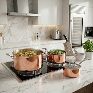 Nouvel arrivage d'usine : Ensemble de 6 casseroles et poêles en cuivre triple couche avec poignées, fond à <span class=keywords><strong>induction</strong></span>, comprenant une casserole, une marmite et une cocotte. - Product Image 6