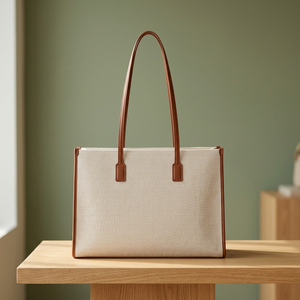 Minimalist Canvas <b>Handbag</b> with Brown Leather Handles Zipper Closure Large Capacity Outdoor Daily Use - Product Image 2