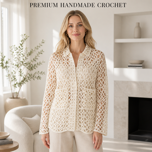 Cardigan da <span class=keywords><strong>Donna</strong></span> Personalizzato OEM/ODM, Lavorato <span class=keywords><strong>a</strong></span> <span class=keywords><strong>Mano</strong></span> all'Uncinetto, Design Floreale Traforato, Manica Lunga, Maglione Lavorato <span class=keywords><strong>a</strong></span> Maglia con Tasche - Product Image 1