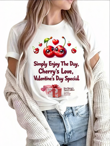 Cherry Love T-shirt da donna in cotone comoda a maniche corte con scollo rotondo, speciale per San Valentino, stampa casual per tutte le stagioni - Product Image 1