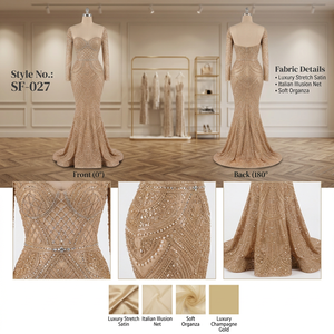 Robe de soirée sirène moderne en satin or champagne avec corsage en treillis et broderie de cristaux motif éventail, élégante - Product Image 3