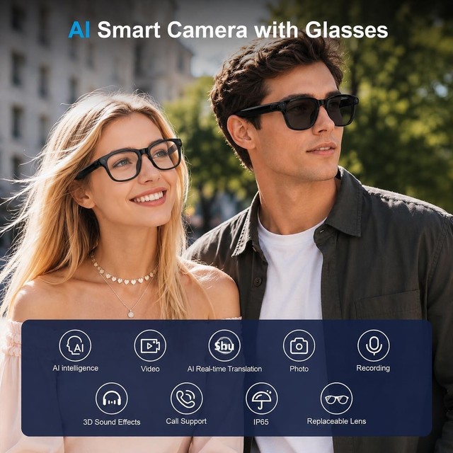 AI Smart Glasses 8MP Camera 4K Video Photo Capture Real-Time Translation Recording Assistant Open-Ear Audio Object A125
