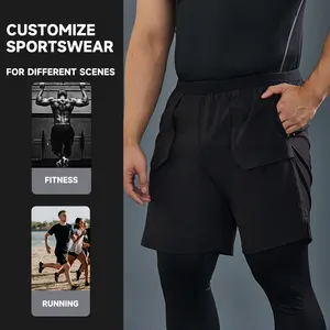 Luckpanther 2 In 1 Gym Running Trouser Compression Double Layer Quick Dry Capri 3/4 Leggings For Men With Zipper Pocket