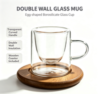 Mug en verre borosilicate à double paroi droit avec poignée et sous-verre en bois – Ensemble de tasses à café isolées transparentes pour thé, latte, maison et bureau