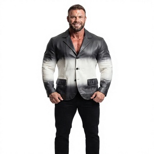 Men's Genuine Leather <b>Coat</b> Notched Lapel Single Breasted Ombre Black to White <b>Slim</b> Fit Regular Sleeve - Product Image 1