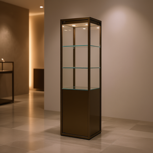 Vitrine en fer 45x45x190cm, bronze laqué, base en verre avec éclairage LED, présentoir de table - Product Image 3