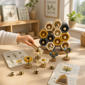 Juego de juguete de colmena de abejas de madera Montessori personalizado, juego de construcción de polinización de flores para niños con tarjetas de aprendizaje, biología de la naturaleza, cognición - Product Image 3