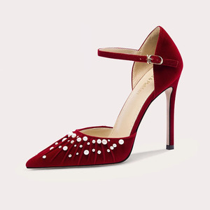 Eleganti <span class=keywords><strong>Tacchi</strong></span> da Sposa in Velluto Rosso Stile Francese <span class=keywords><strong>con</strong></span> <span class=keywords><strong>Cinturino</strong></span> alla Caviglia e Perle, Scarpe da Sposa Monofascia per Donne - Product Image 1