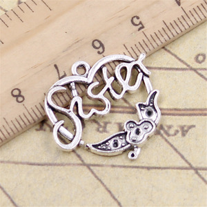 24x24mm hecho a mano corazón hermana flor encantos Vintage tibetano Color plata colgantes DIY apto para pulsera collar aleación principal - Product Image 2