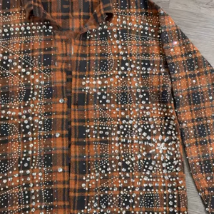 Orange Custom Sun Faded All Over Crystal Luxury Drop Shoulder Long Sleeve Cropped Boxy Fit Acid Wash Button up <strong>Flannel</strong> <strong>Shirt</strong> <strong>Men</strong> - Product Image 2