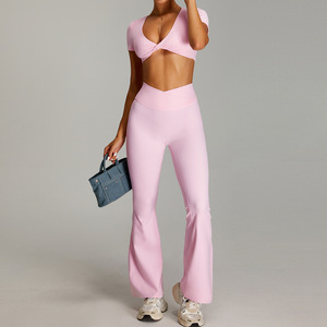 Conjuntos Deportivos Transpirables Personalizados para Mujer, 2 Piezas, Top Corto de Alta Sujeción, Leggings de Yoga de Cintura Alta con Corte Acampanado - Product Image 2