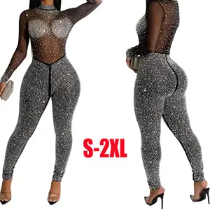 Fashion wanita seksi mesh berlian imitasi ramping lengan panjang bodycon satu potong Romper ukuran besar jumpsuit wanita