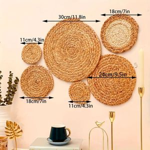 Paquete de 8 tapices de mimbre tejido hecho a mano redondo elegante rústico para colgar en la pared decoraciones de pared para el hogar exhibición de lujo - Product Image 1