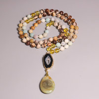 Kalung Citrine Zebra Jasper Mala Liontin Pohon Kehidupan Bentuk Tetesan Air Mata Rantai Sweater Batu Alam Perhiasan Meditasi Yoga