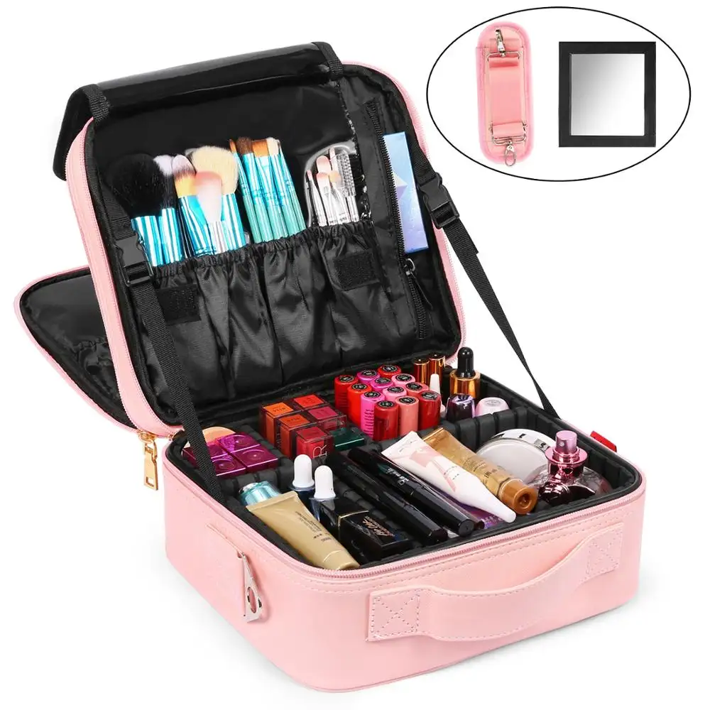 Cheap Women Makeup Storage Organizer Travel Makeup Bag Cosmetic Case for removable Mirror Shoulder strap Adjustable Dividers