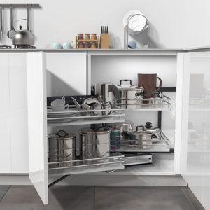 Cajones extraíbles modulares de acero inoxidable con cesta extraíble y sistema Magic Corner para almacenamiento en gabinetes de cocina - Product Image 4