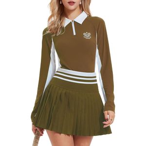 Ensemble jupe de tennis pour femme, polo à manches longues, demi-zip, color block, plissé, séchage rapide, vêtements de sport - Product Image 1